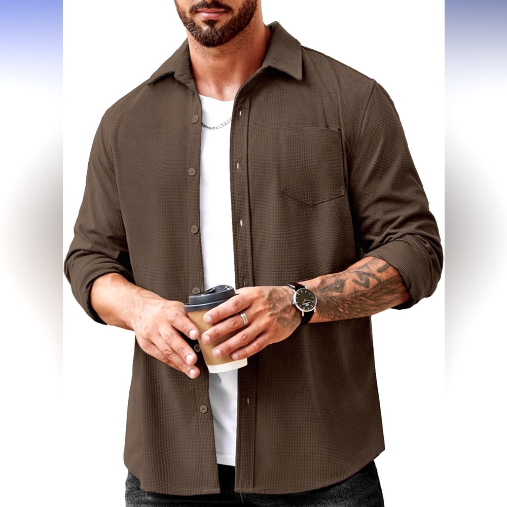 NWT COOFANDY Brown Waffle Button Down Long Sleeve Shacket with Pockets, Sz Large